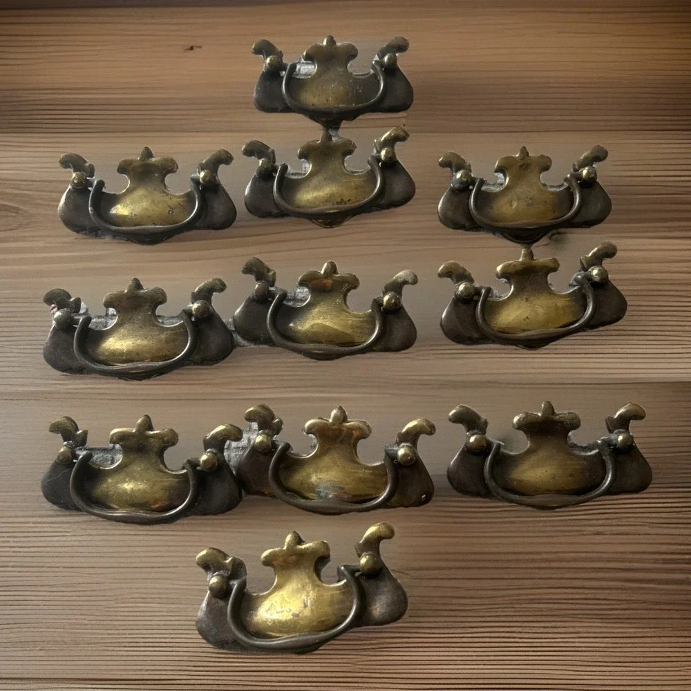 11 Brass Drawer Swing Handle Pulls Chippendale Batwing Antique Hardware W/Screws